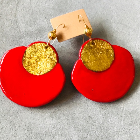 Vintage 80’s Red & Goldleaf Lacquer & Paper Statement OOAK Earrings Signed Dion - Picture 5 of 11
